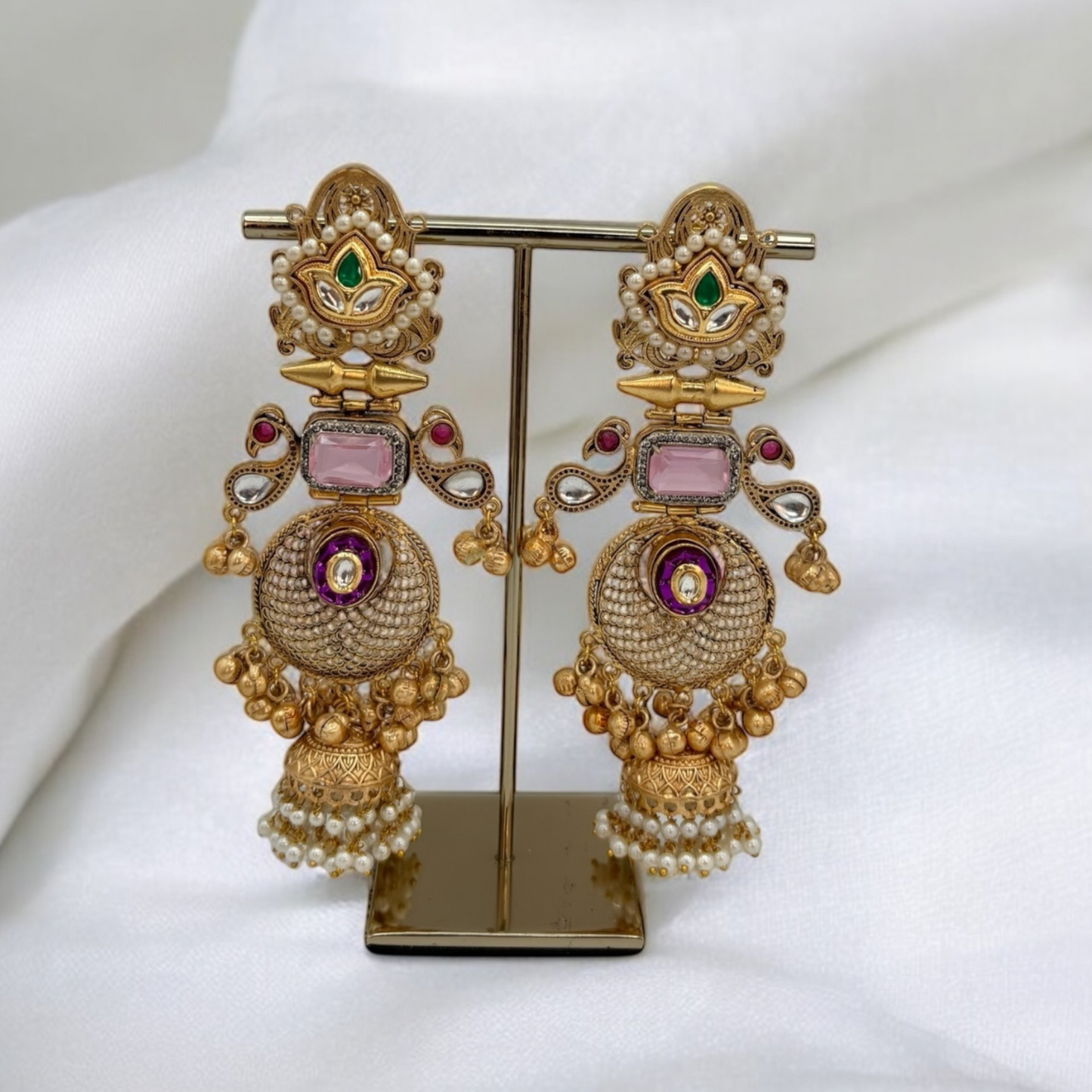 Dual tone pachi kundan long earrings