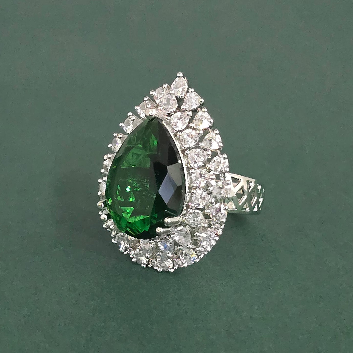 Silver American Diamond ring with green stone