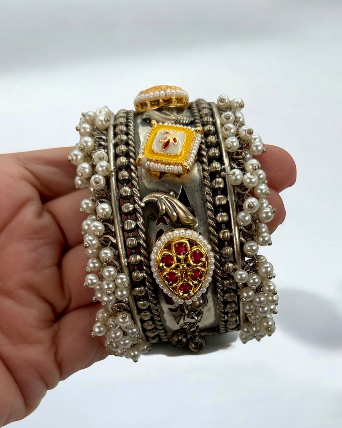 German silver pachi kundan broad bracelet