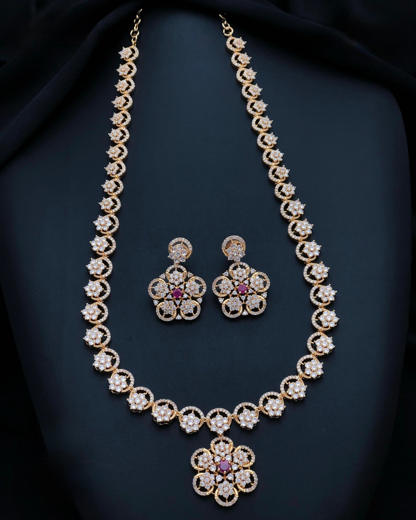Gold plated American Diamond long necklace set