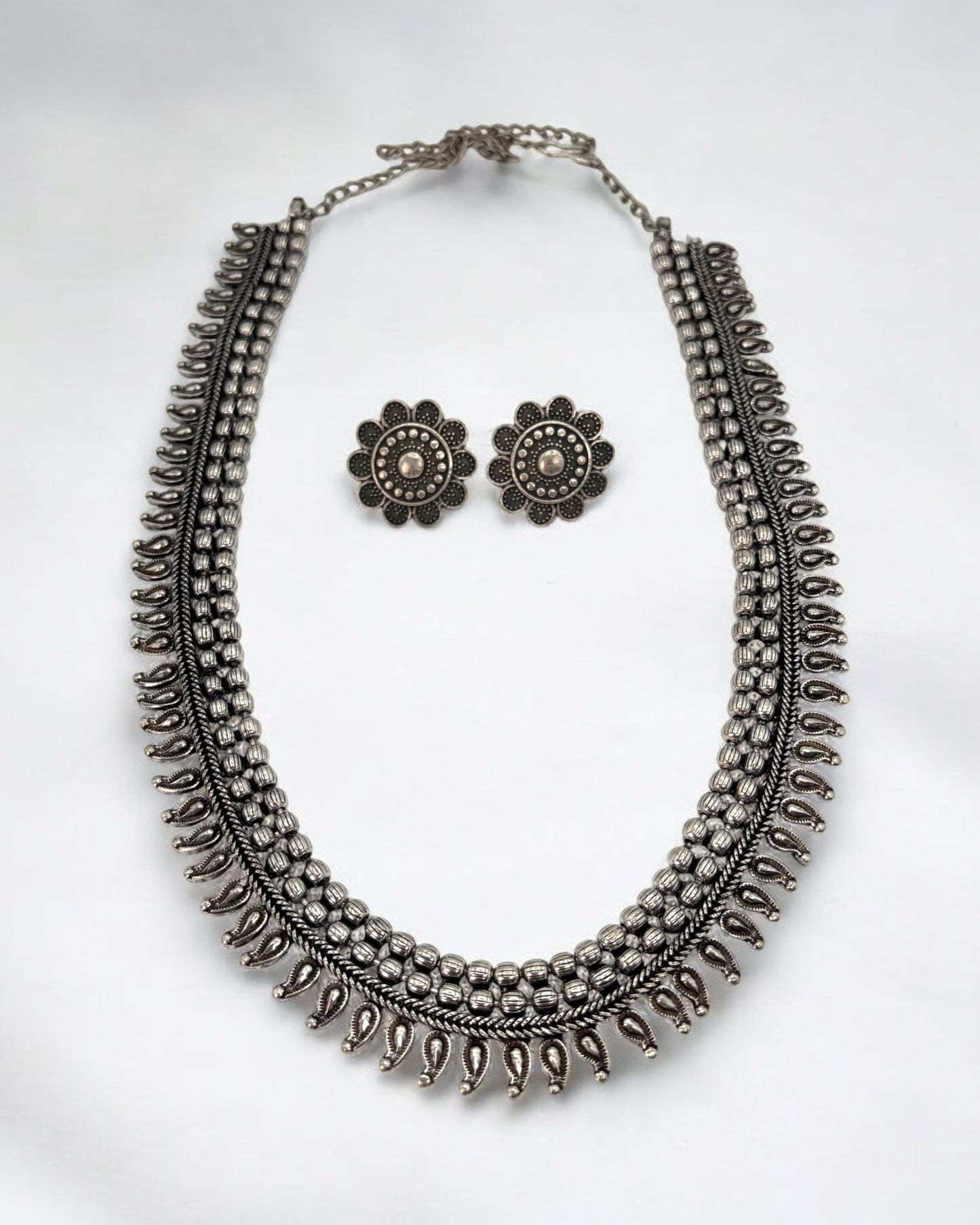 Silver oxidized long necklace set