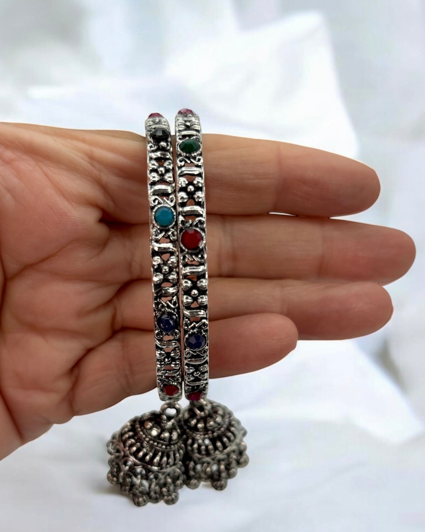Silver oxidized bangles with jhumki