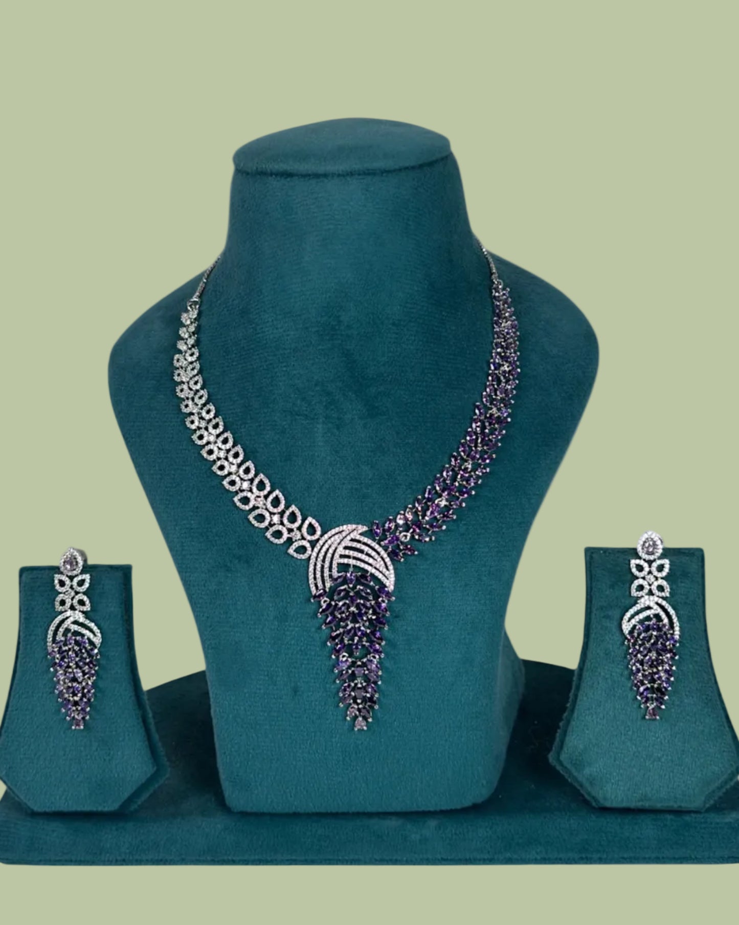Silver plated American Diamond necklace set with purple stones