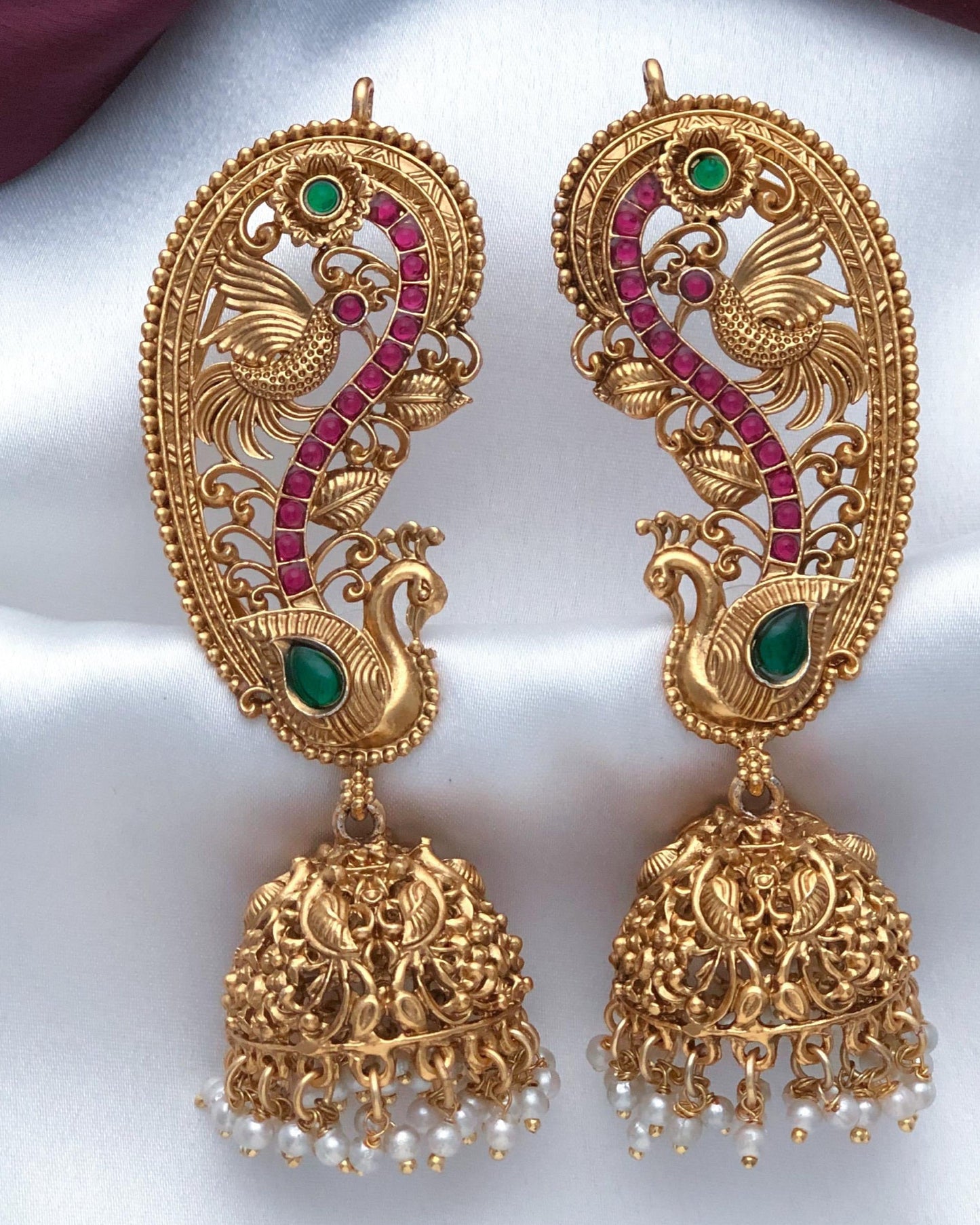 Matte gold plated jhumki with ear cuffs