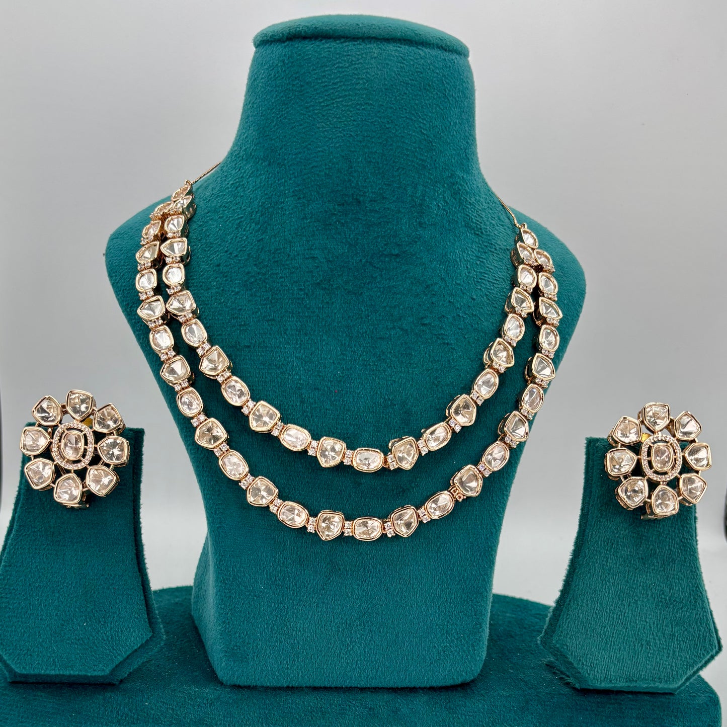Gold plated two layers kundan necklace set