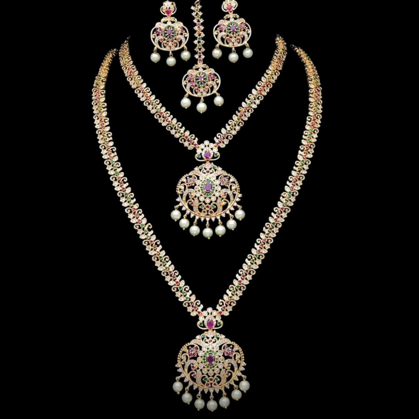 Micro gold plated double necklace set with mang tikka