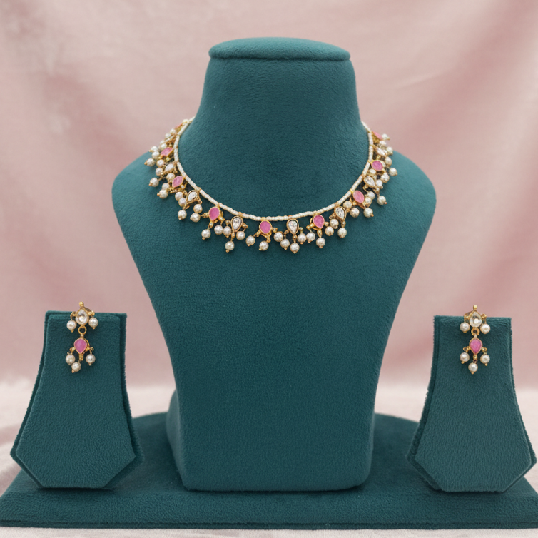 Gold plated pink kundan necklace set