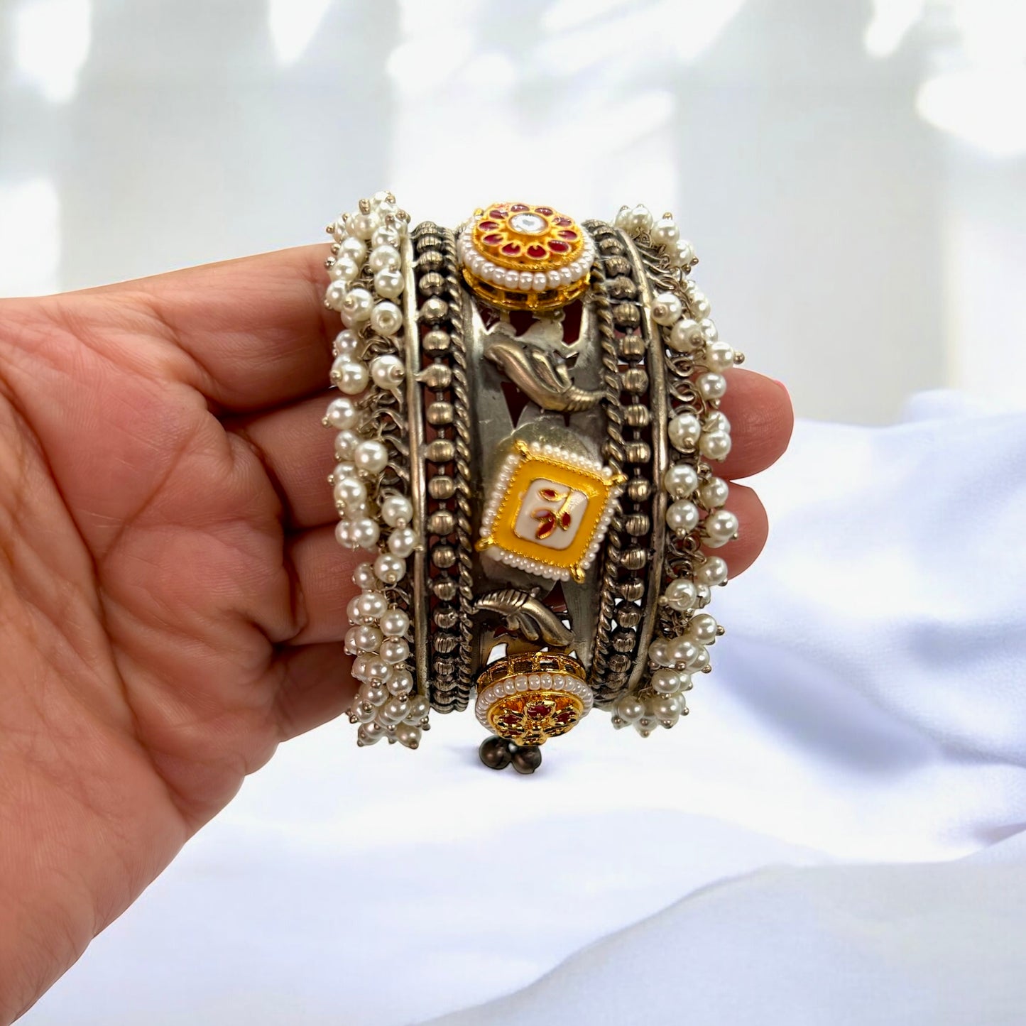 German silver pachi kundan broad bracelet