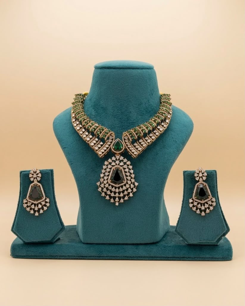 Gold plated emerald green choker style necklace set