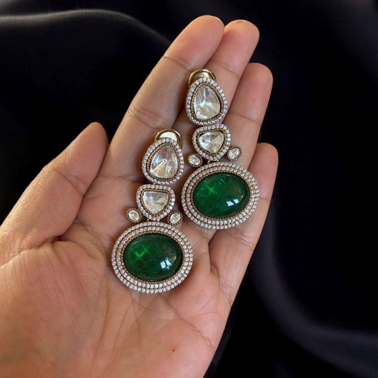 Kundan and moissanite green earrings