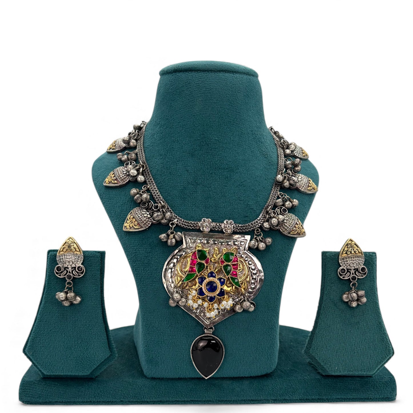 2tone oxidised necklace set with pachi kundan