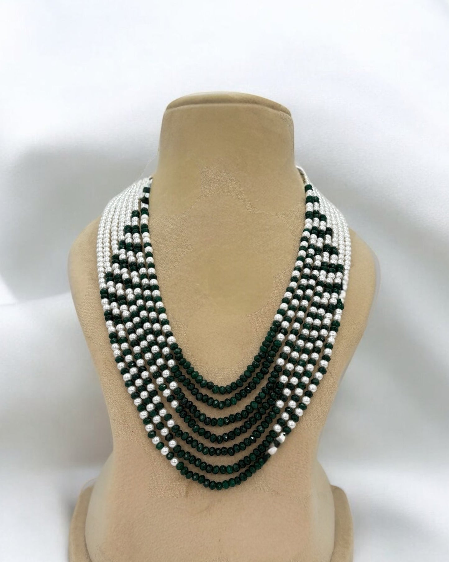 Seven layer moti and green stones mala