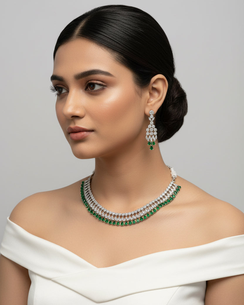 Silver plated American Diamond green necklace set