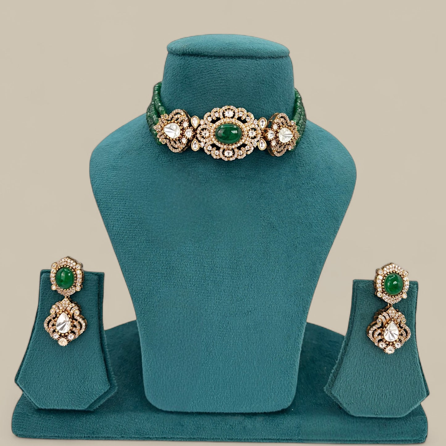 Green choker set with moissanite and kundan stones