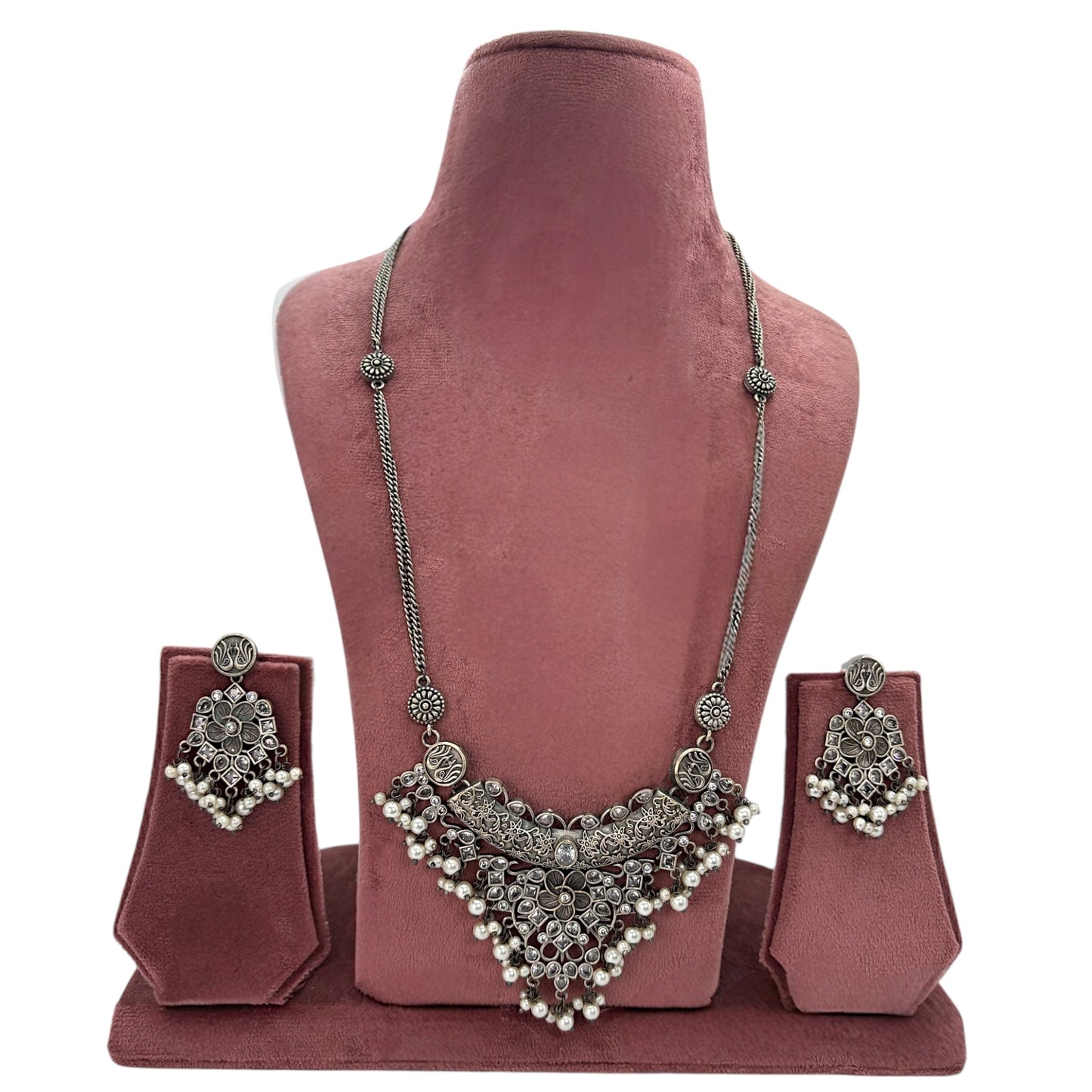 Silver oxidized long necklace set