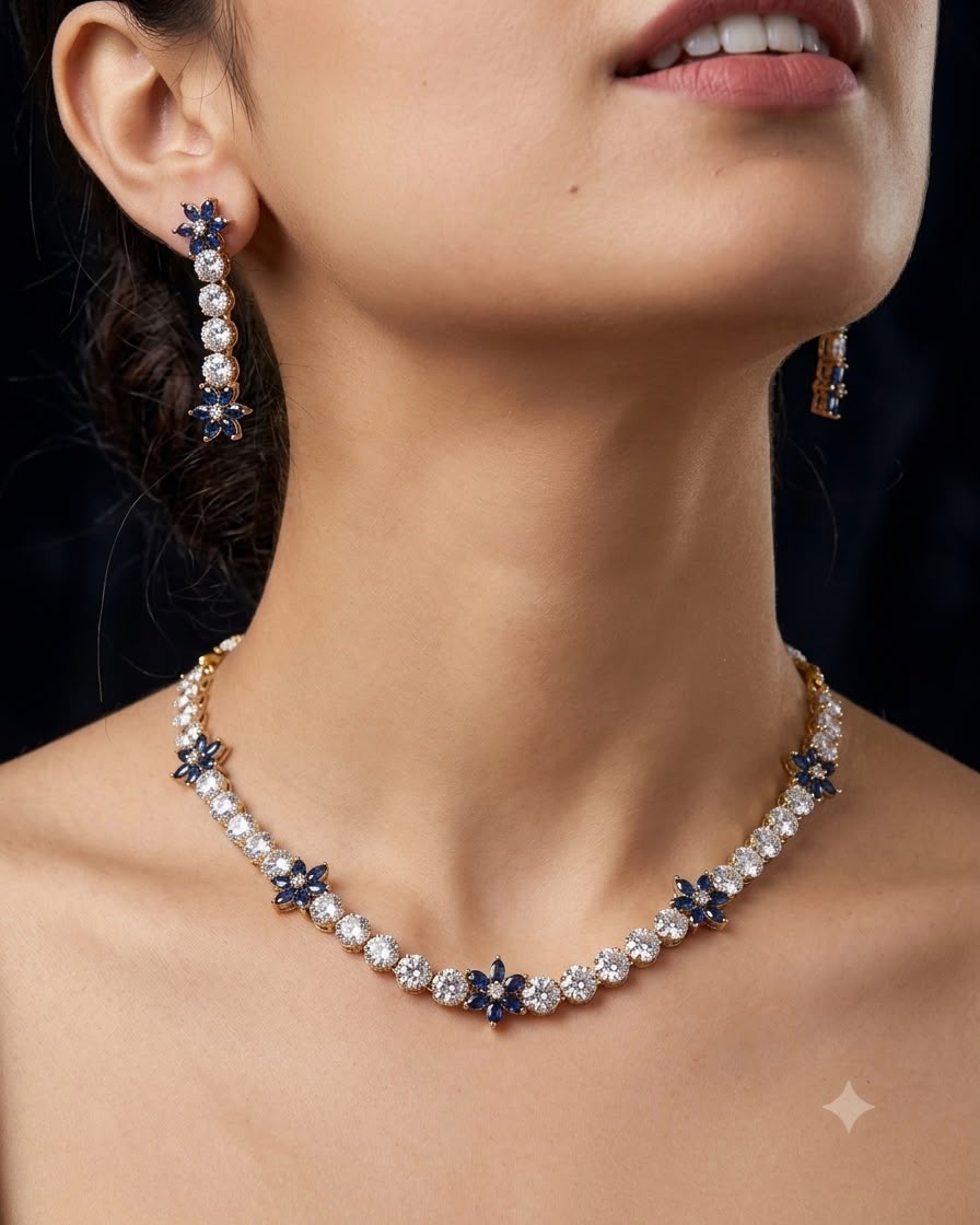 2tone Blue American Diamond necklace set