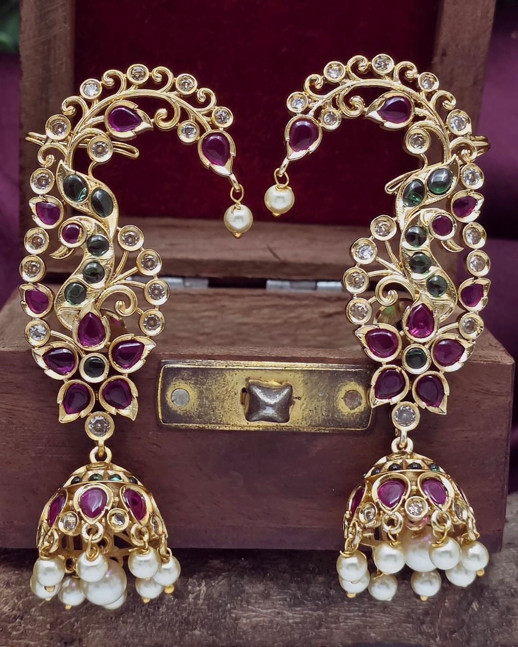 Gold plated jhumki with ear cuffs
