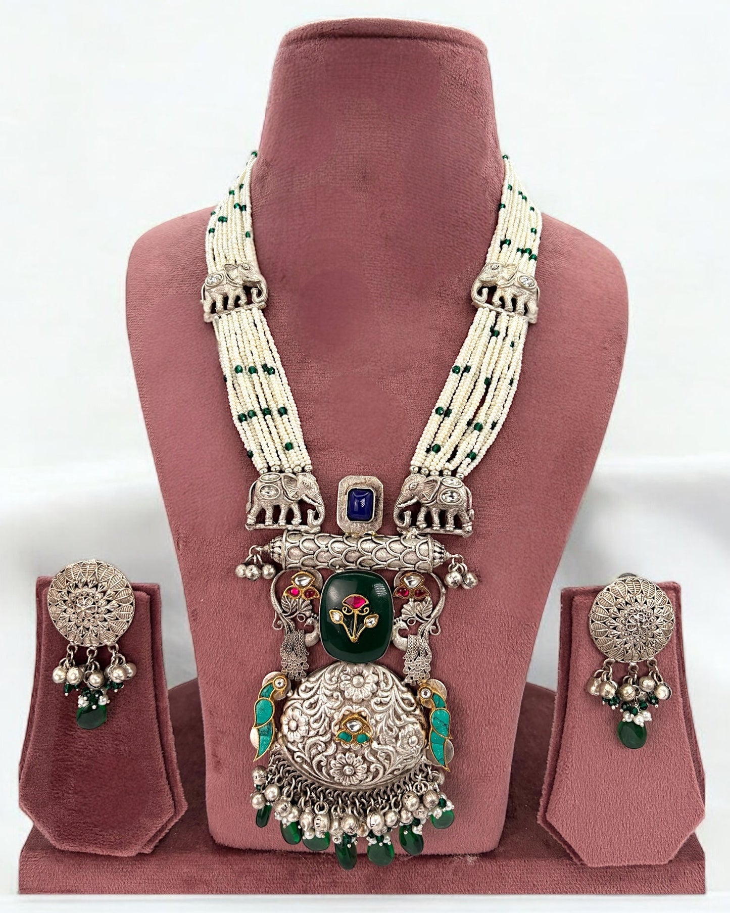 Pachi kundan silver long necklace set