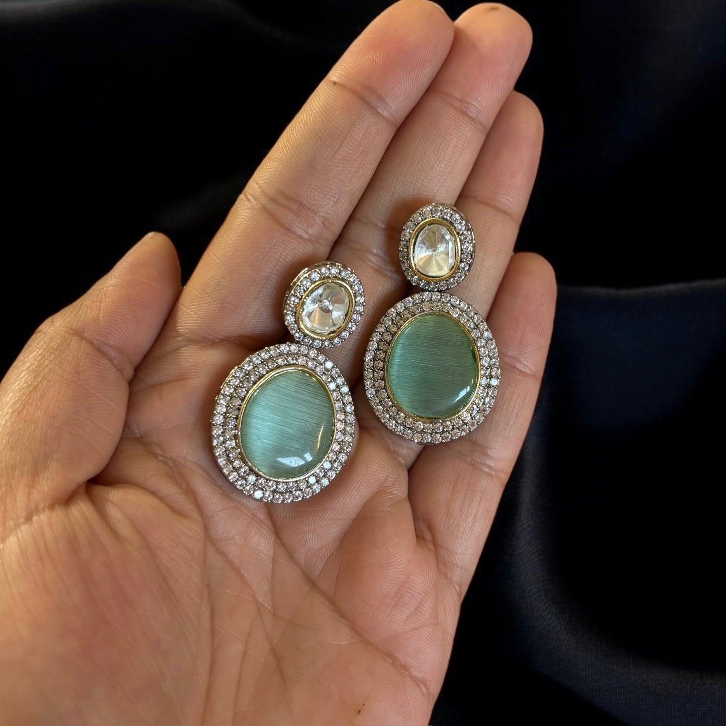 Light green moissanite and kundan earrings