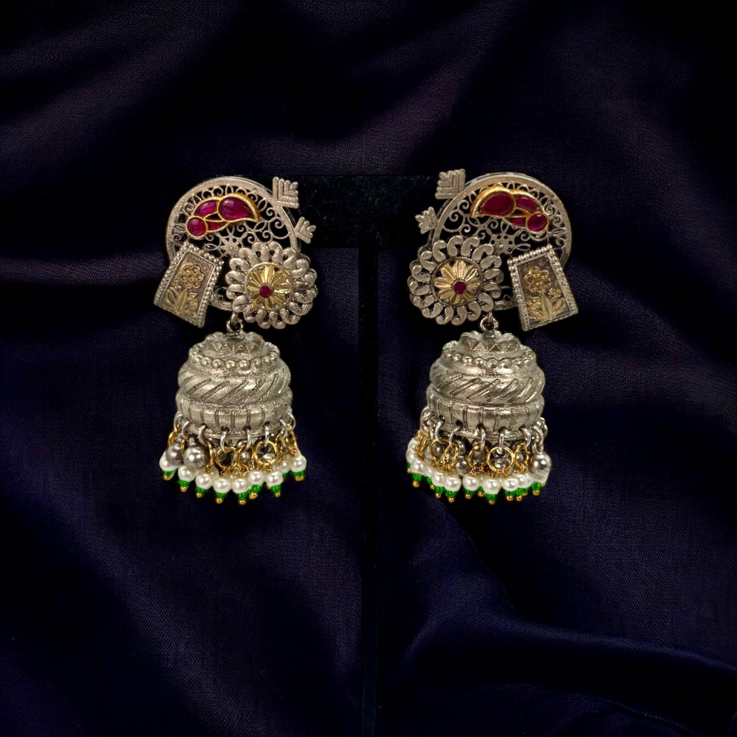 German silver 2tone pachi kundan jhumki