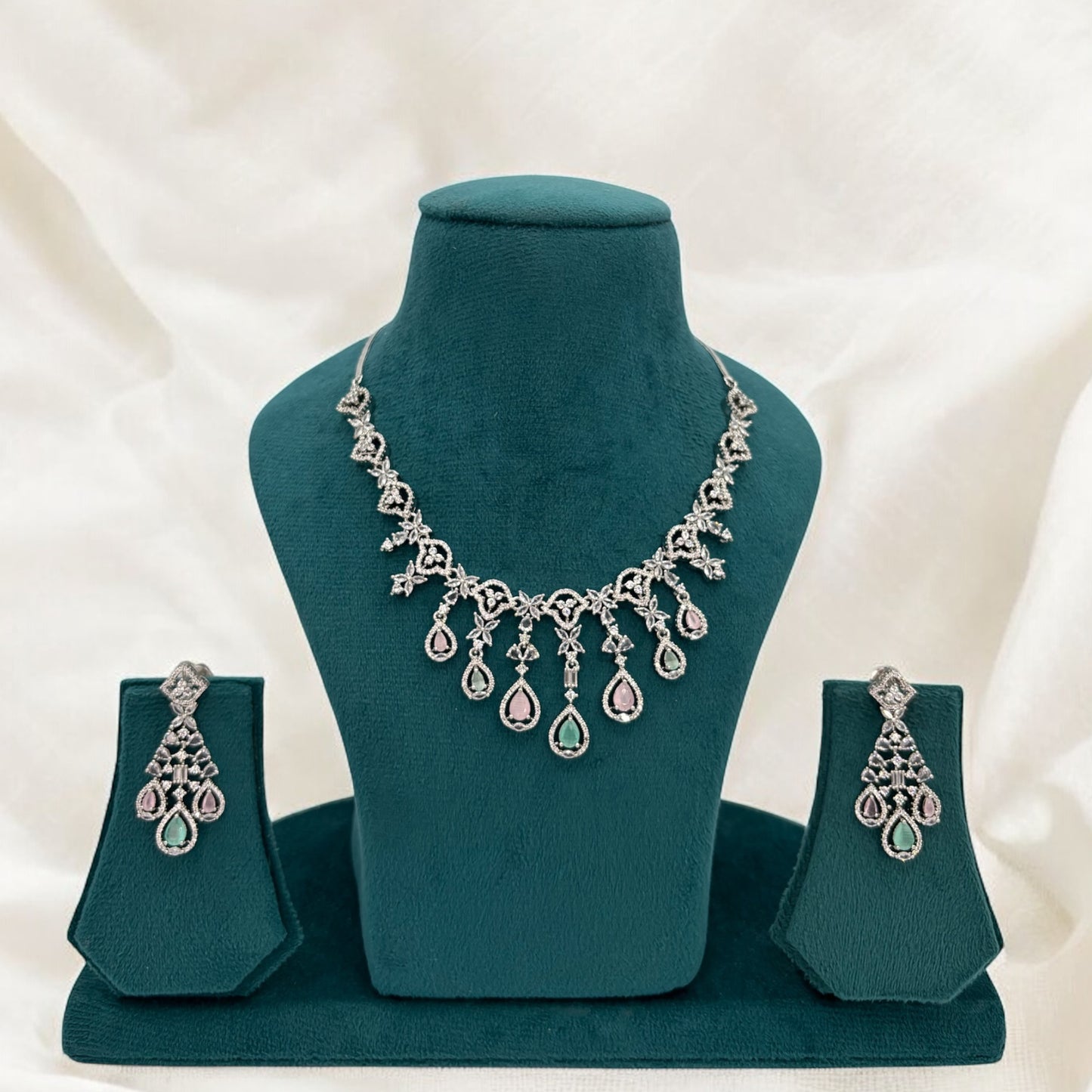 Pastel green and pink American Diamond necklace set