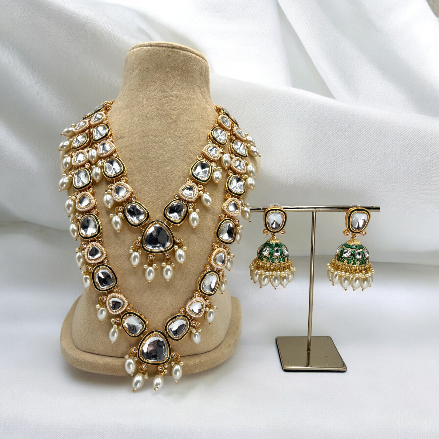 Two layer long kundan necklace set with meenakari jhumki.