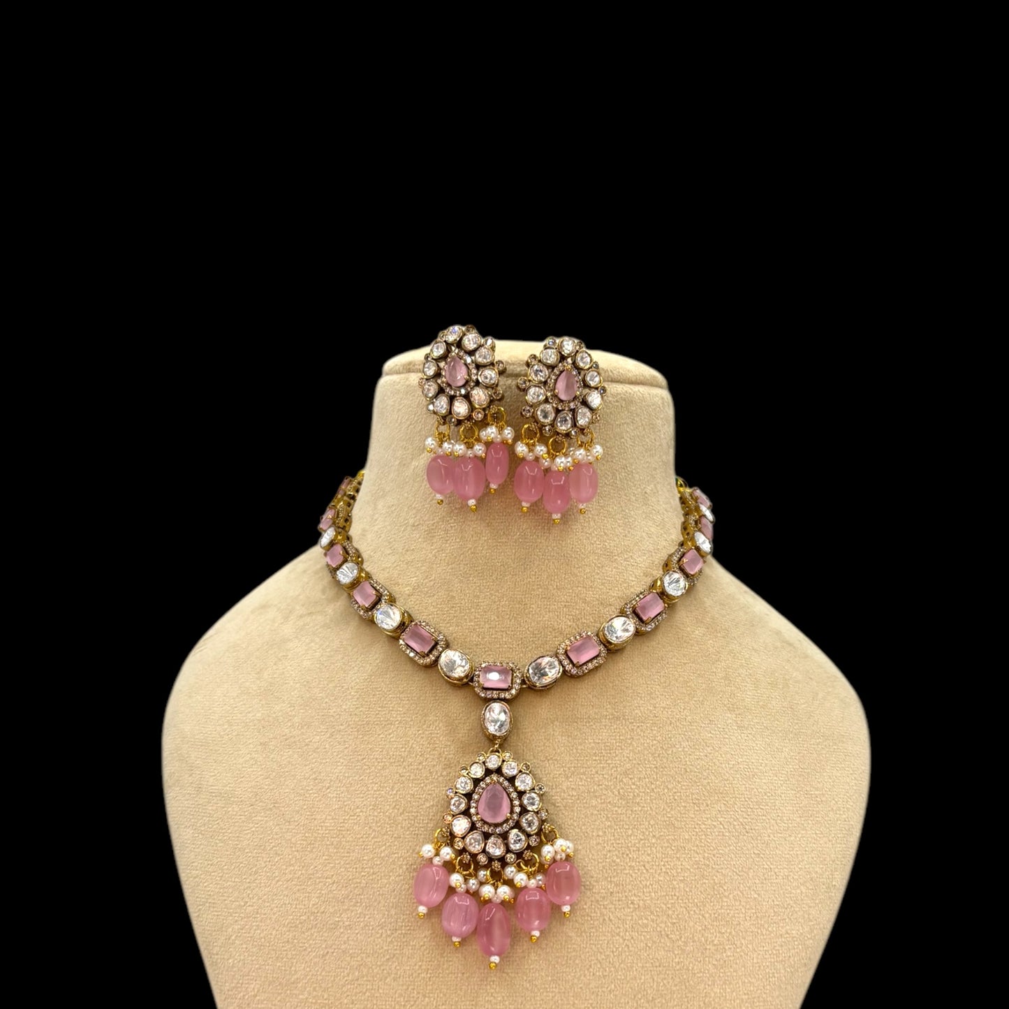 Gold plated premium quality kundan and moissanite stone necklace set with pink stones