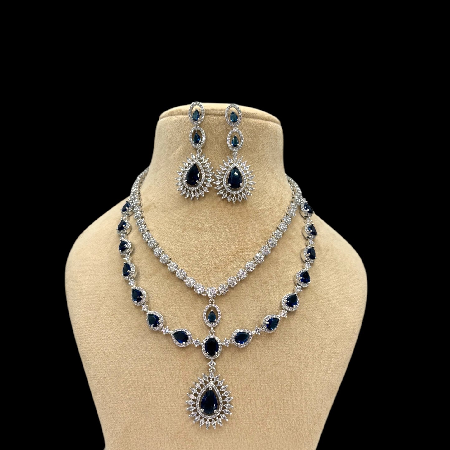 Two layer American Diamond necklace set with blue stones
