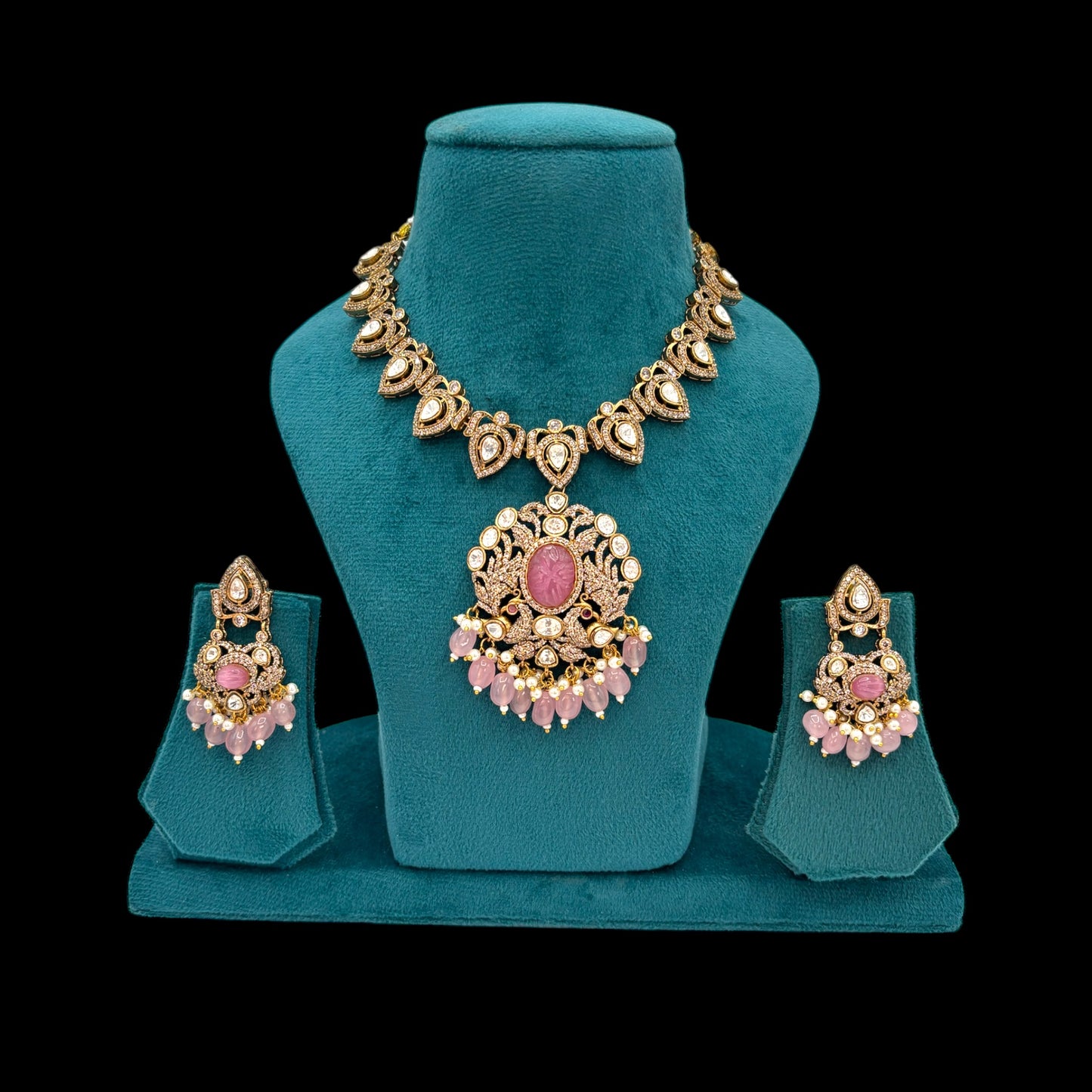 Premium quality kundan and mossanite pink necklace set with doublet stone