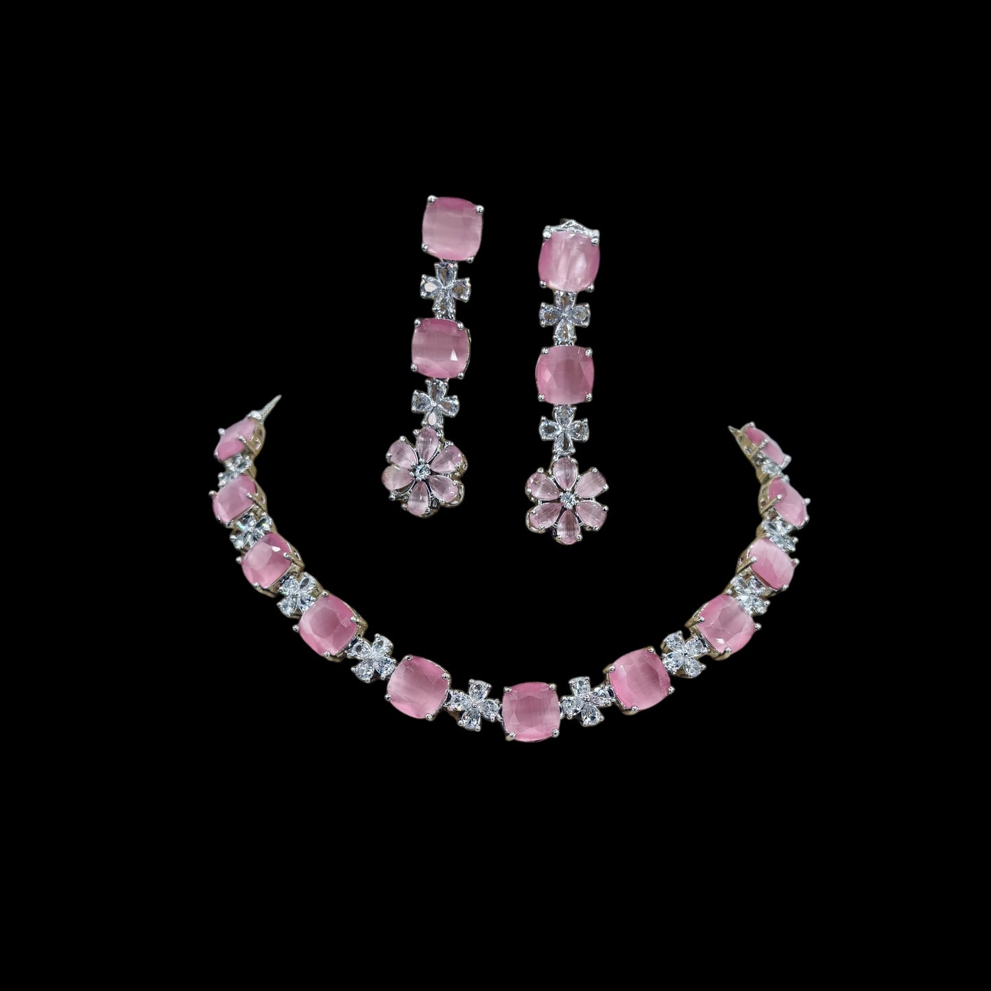 Rhodium plated American Diamond necklace set with earrings.