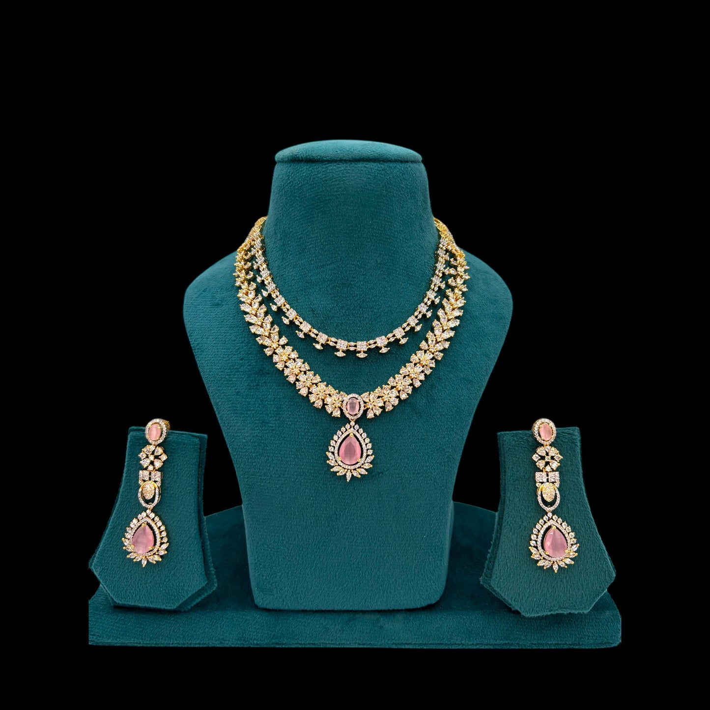 Premium quality two layer stunning gold plated pink necklace set