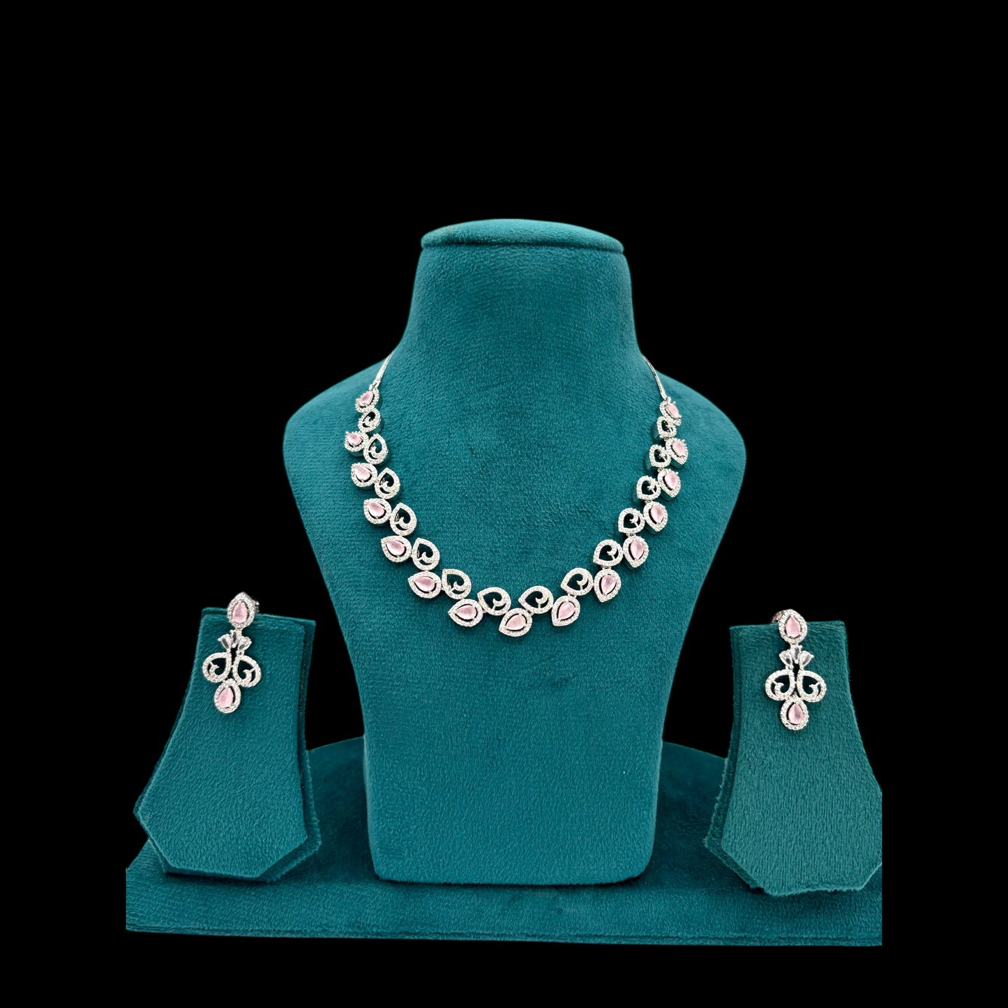 Rhodium plated American Diamond pink necklace set with earrings.