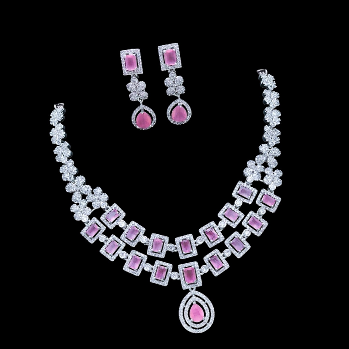 Two layer American Diamond pink necklace set with earrings