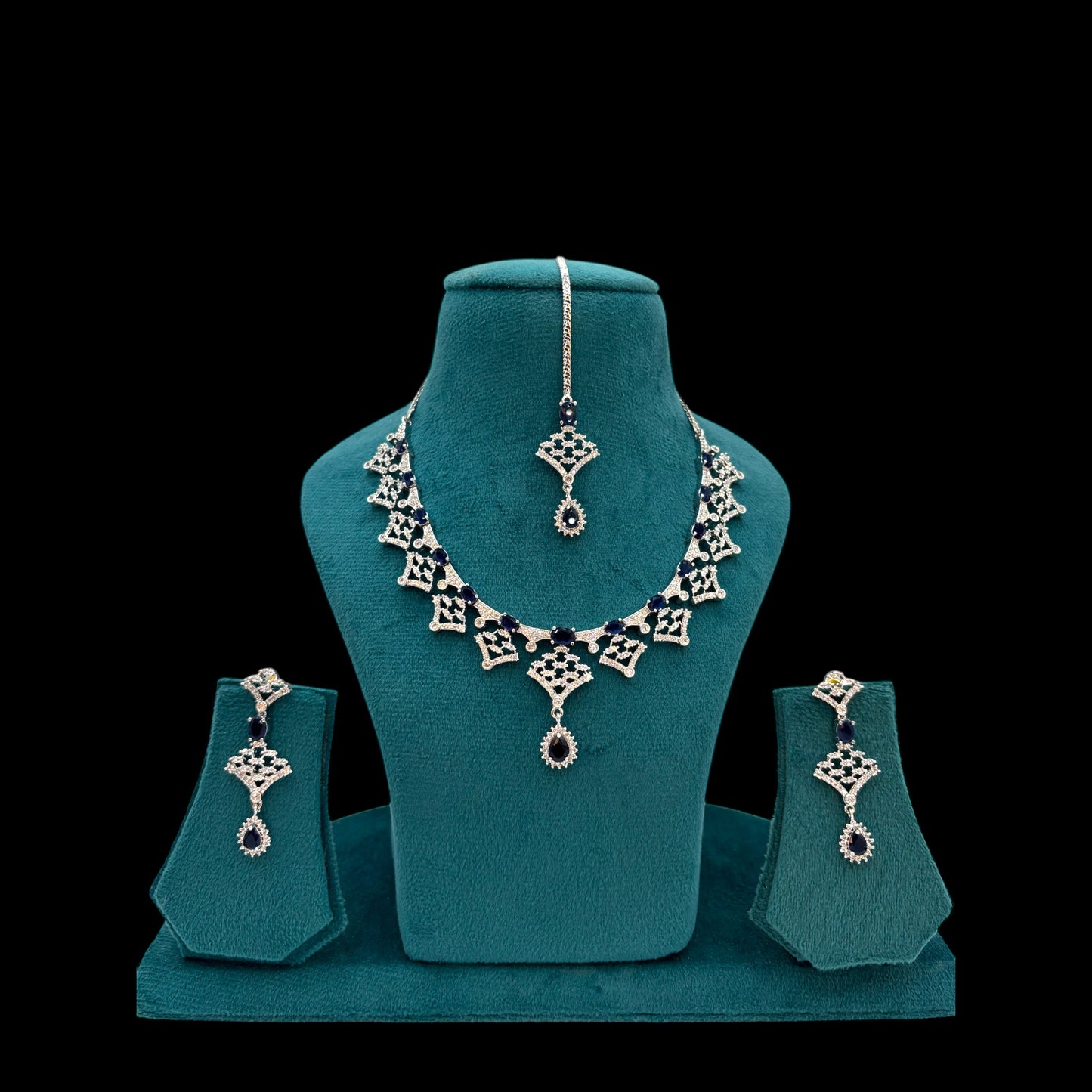 Silver American Diamond necklace set with tikka