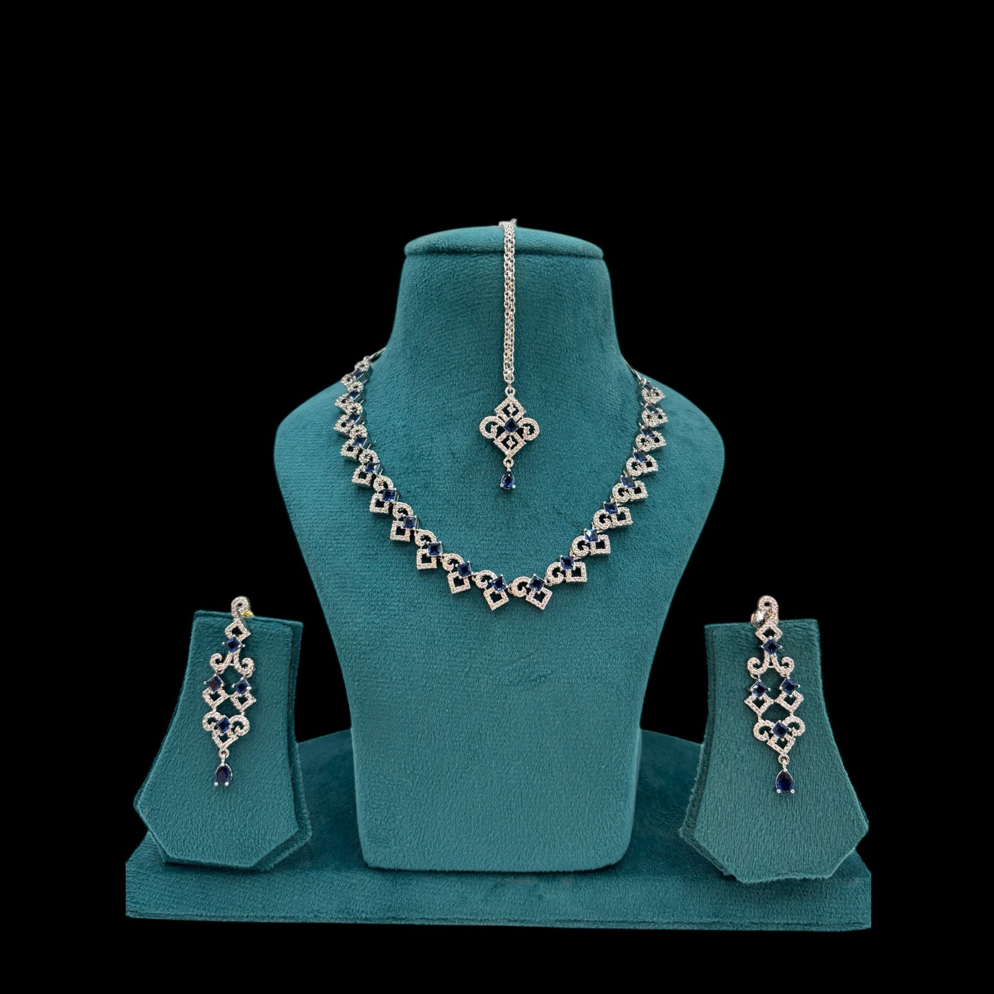 Blue American Diamond necklace set with mang tikka