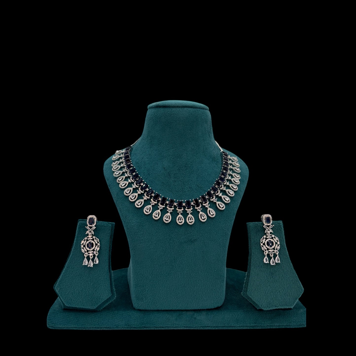 Rhodium plated blue American Diamond necklace set with earrings.