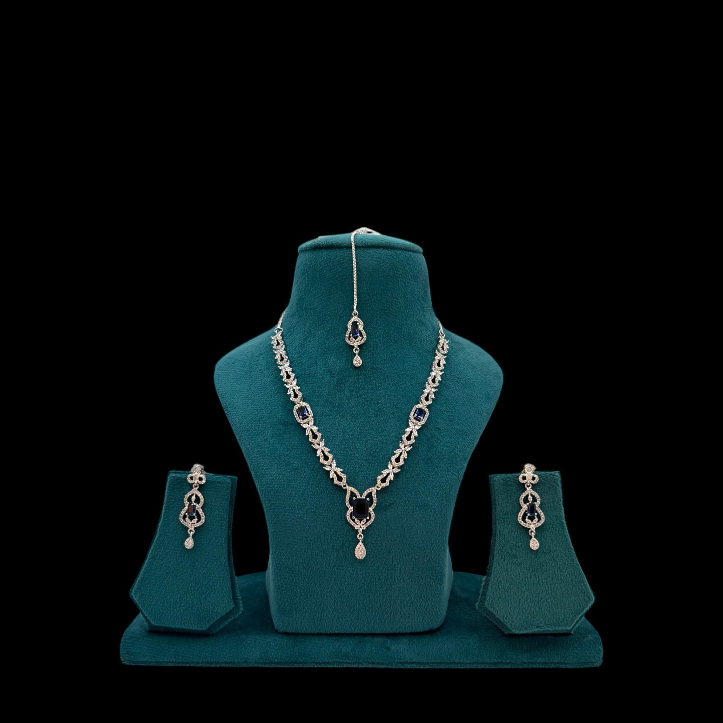 Blue American Diamond necklace set with mang tikka