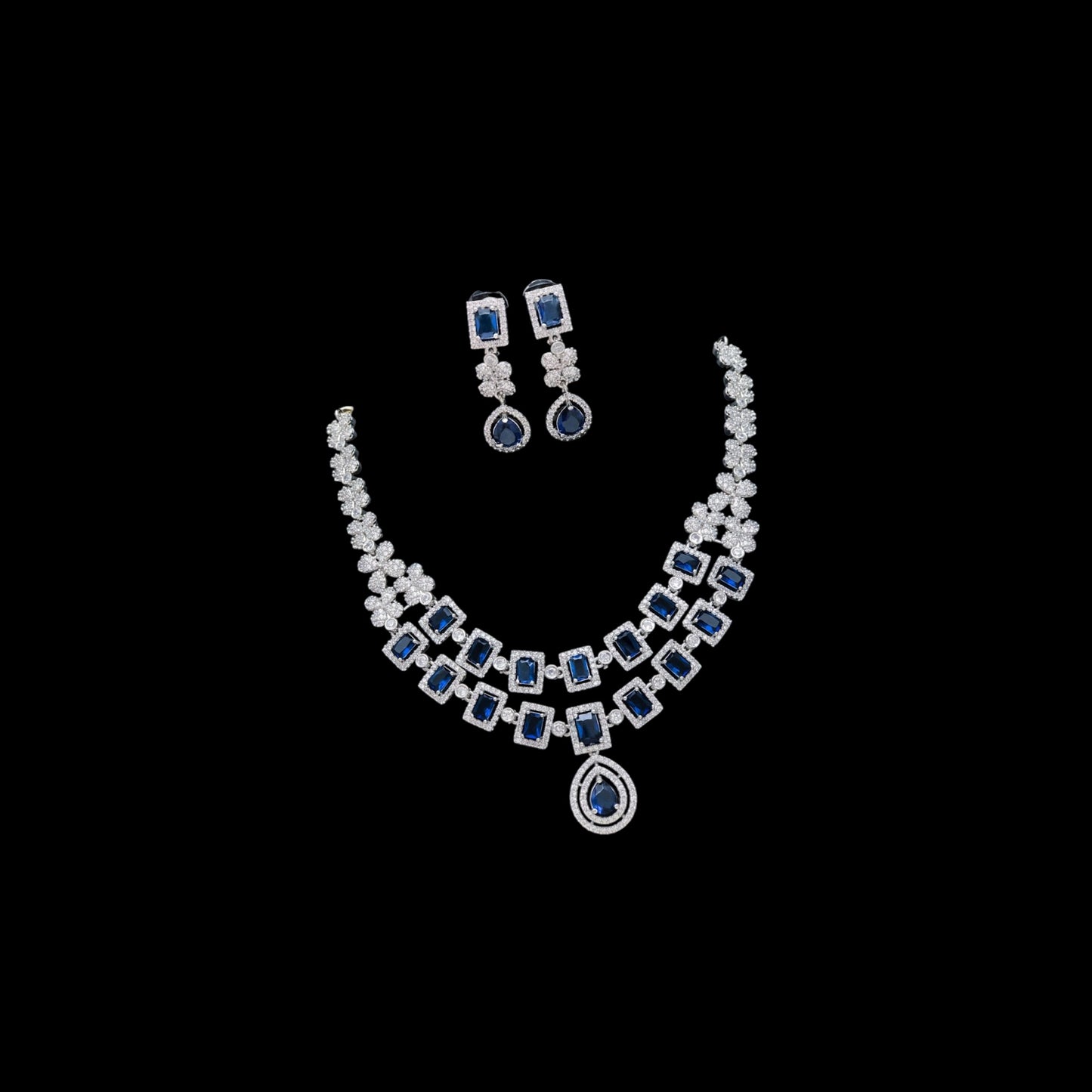 Two layer blue American Diamond necklace set with earrings
