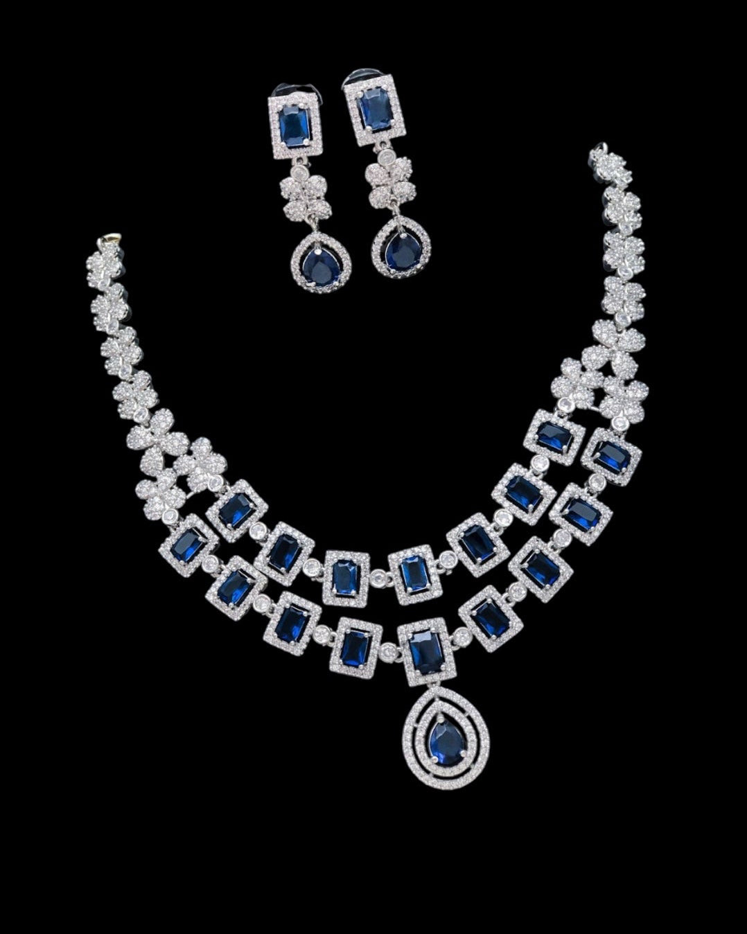 Two layer blue American Diamond necklace set with earrings