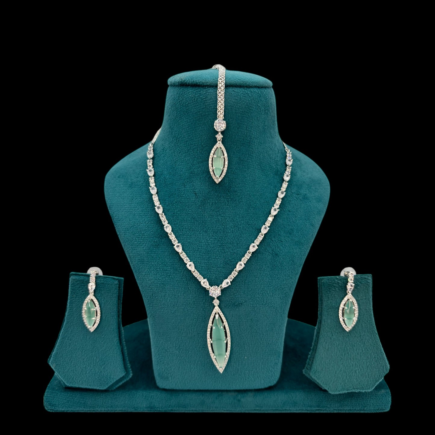 Pastel green American Diamond necklace set with matha tikka