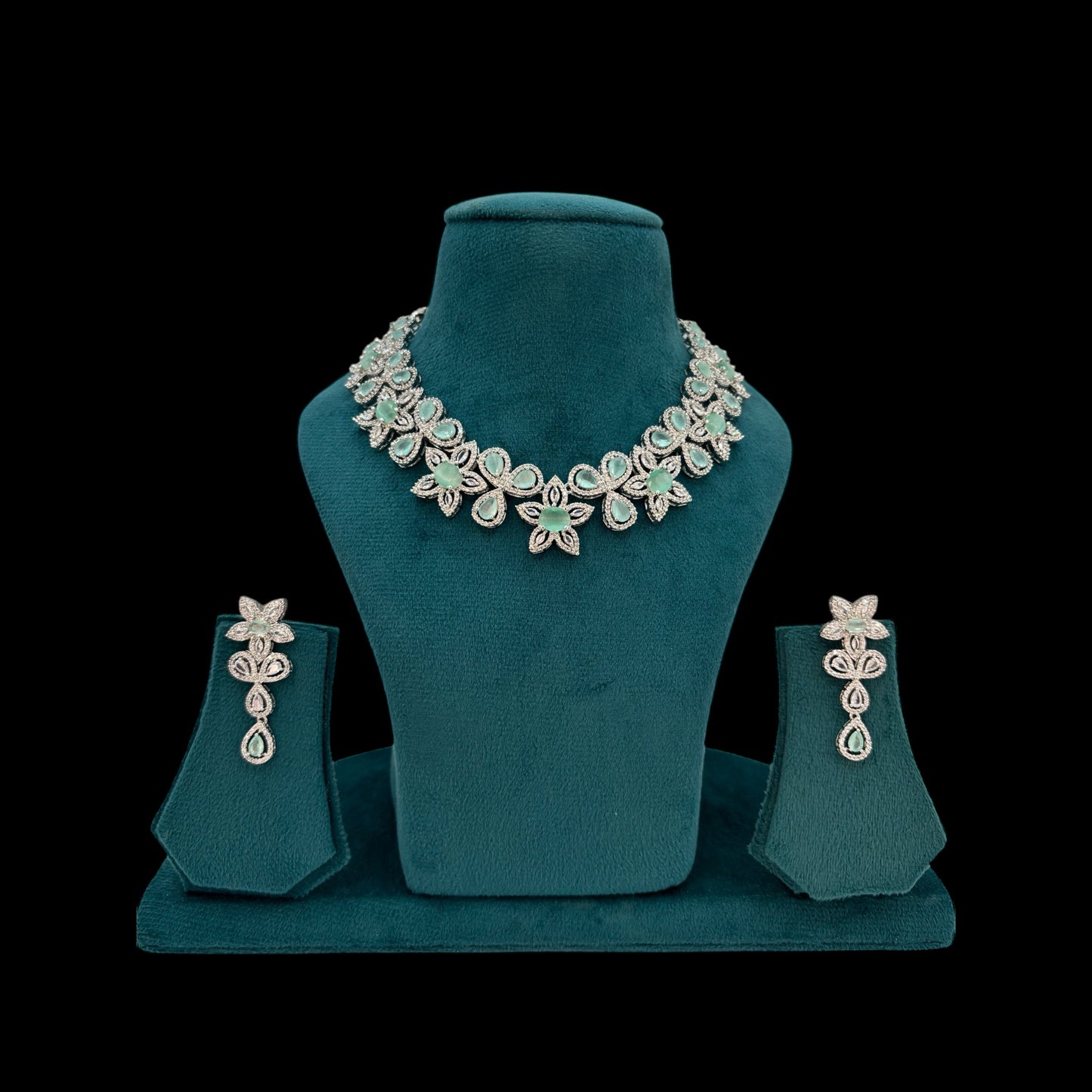 Pastel green American Diamond necklace set with earrings.
