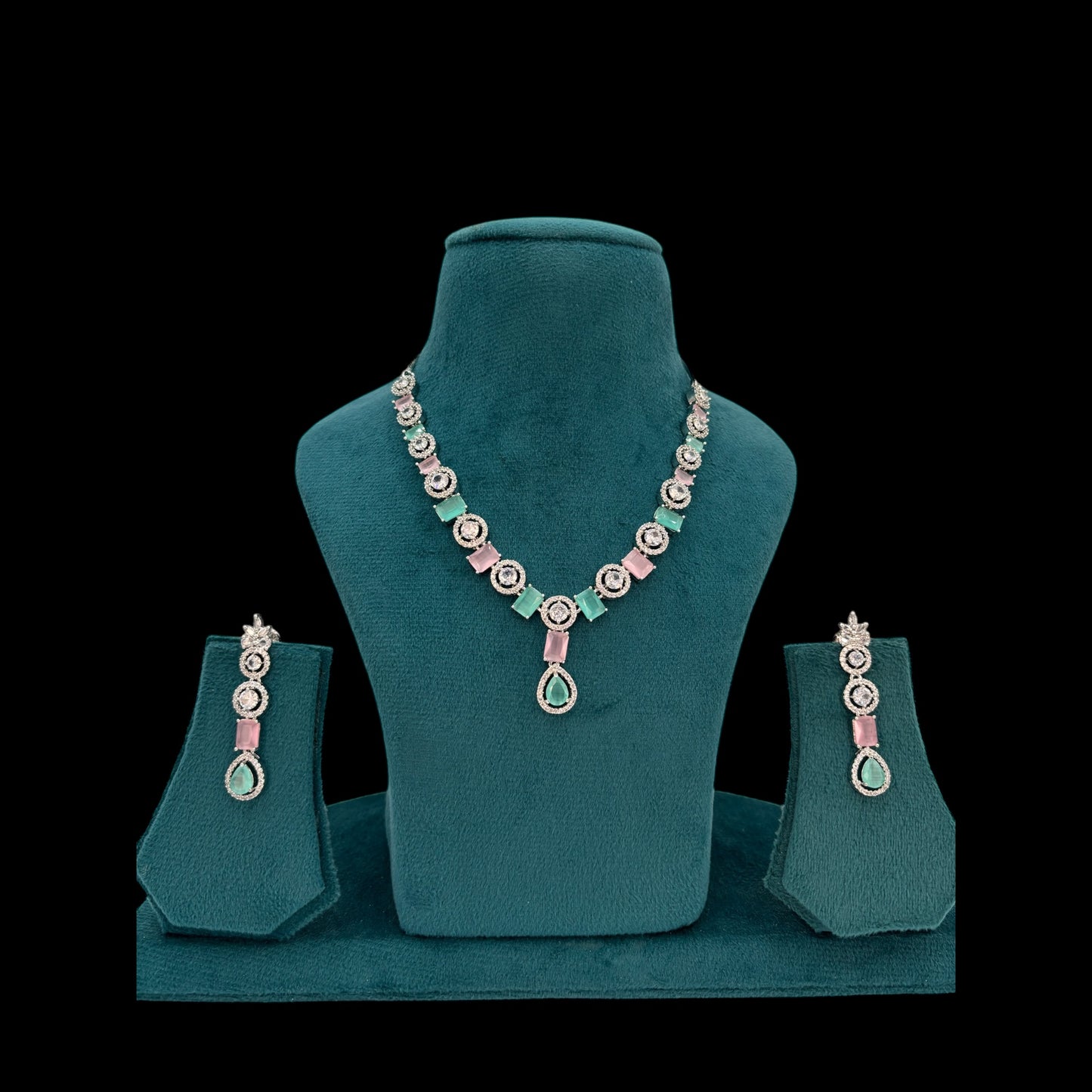 Pastel pink and green American Diamond necklace set