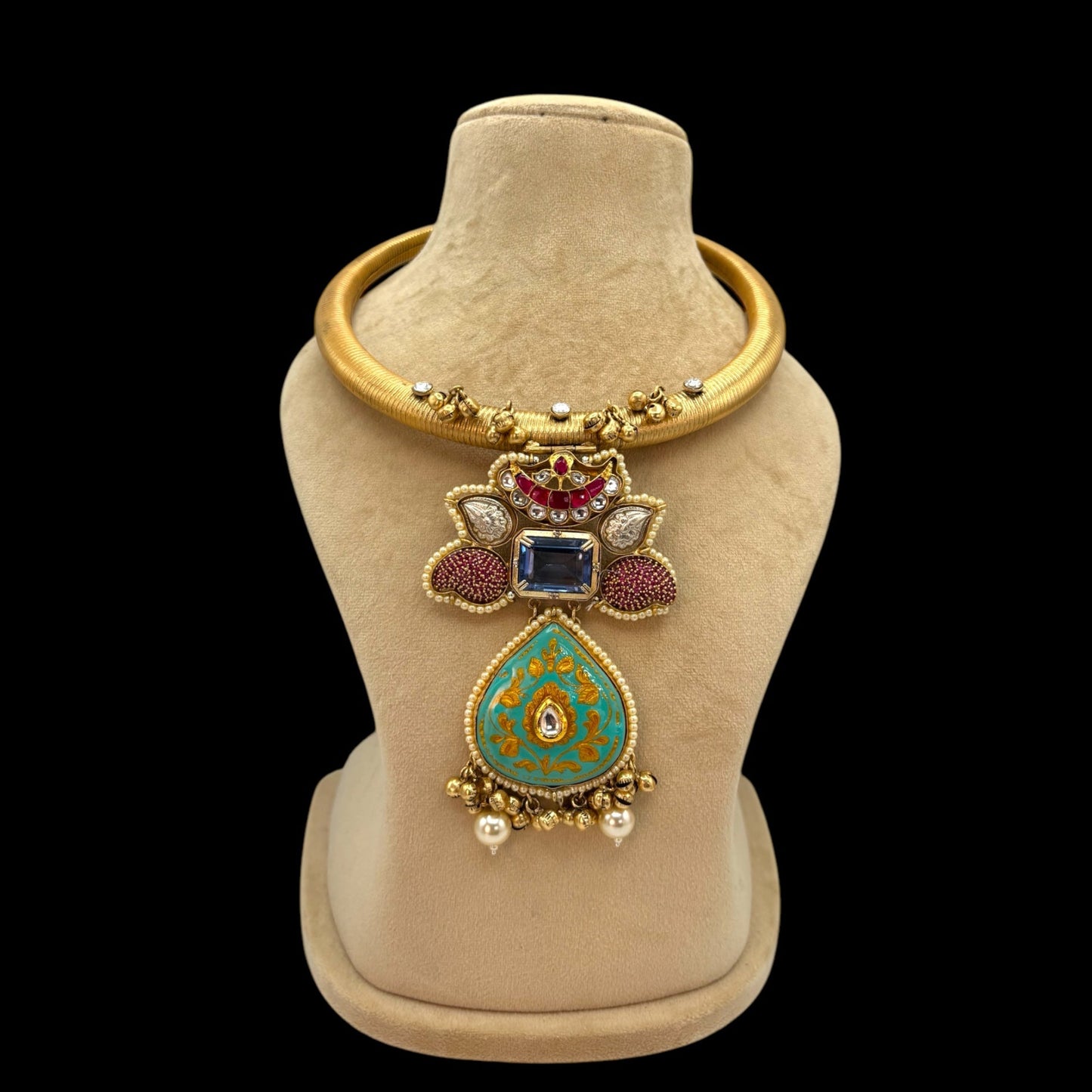 Gold plated fusion pachi kundan hasli