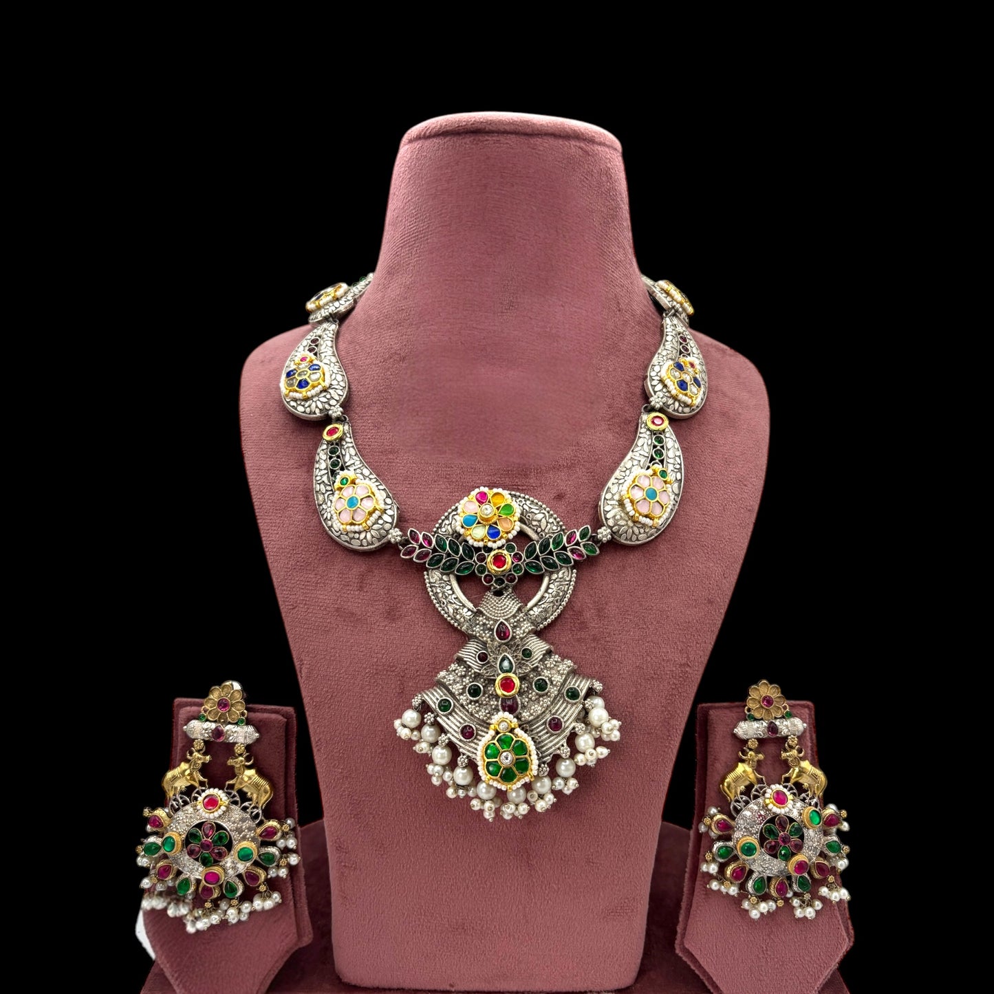 Multi colour German silver necklace set with pachi kundan and kemp stones