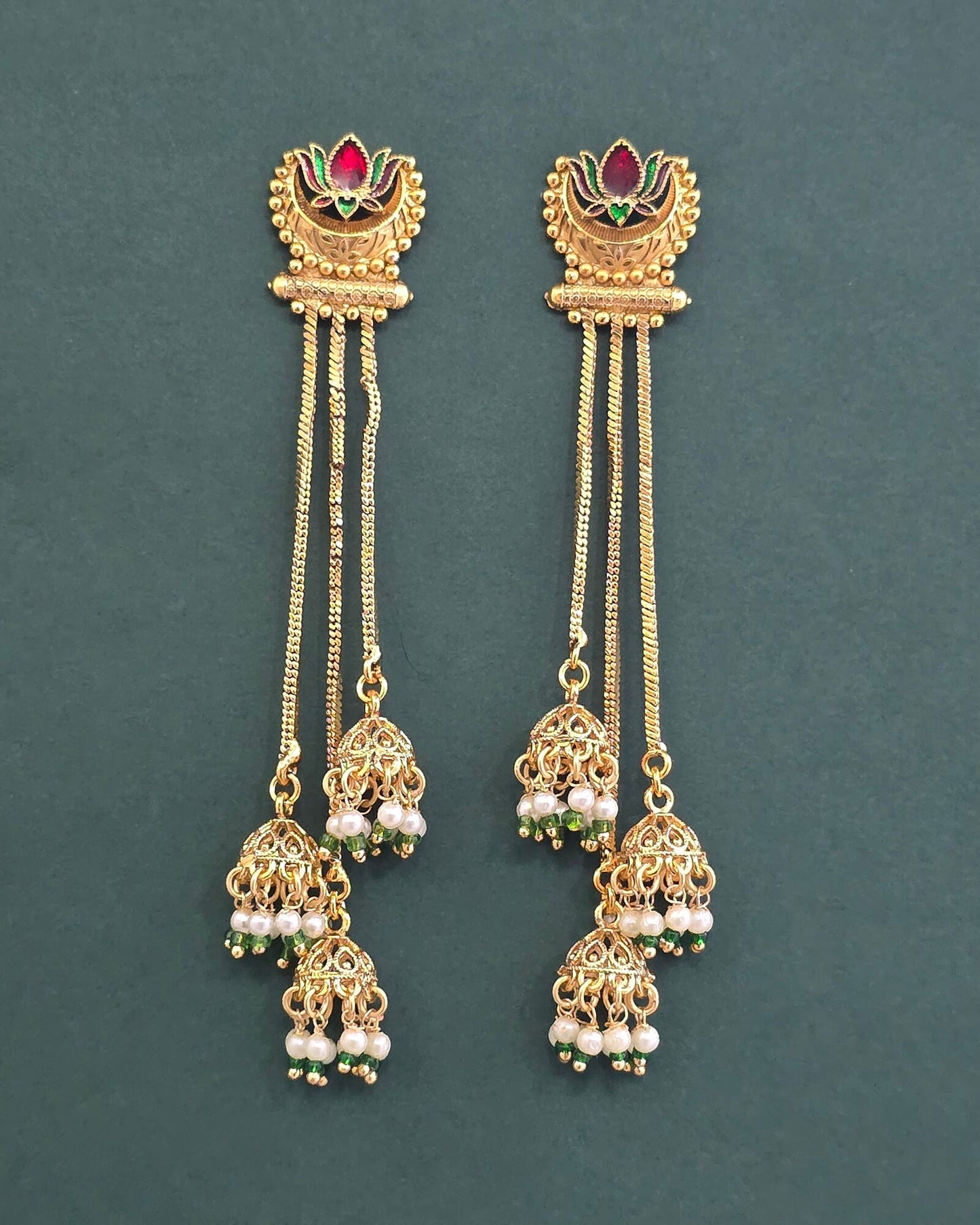 Matte gold plated long Kashmiri earrings