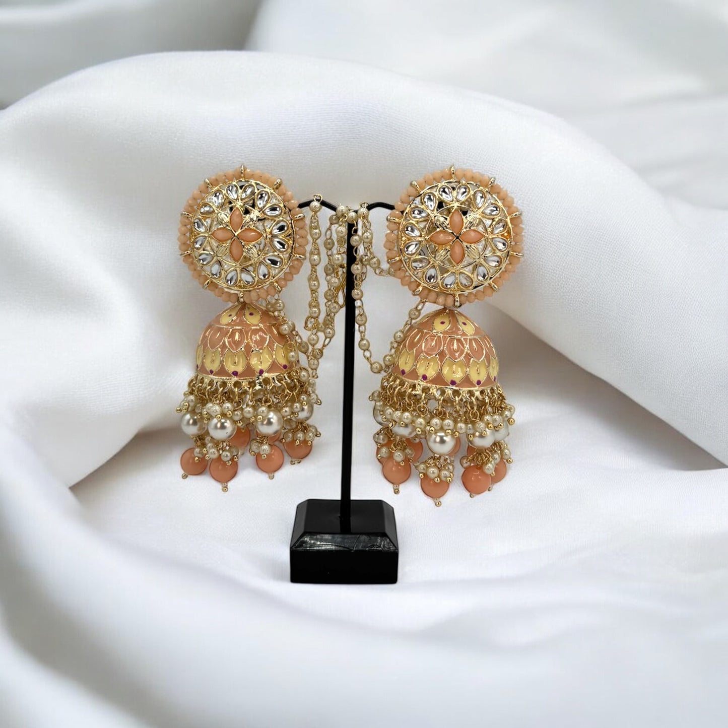 Peach colour enameled jhumki with sahara/ear chain.