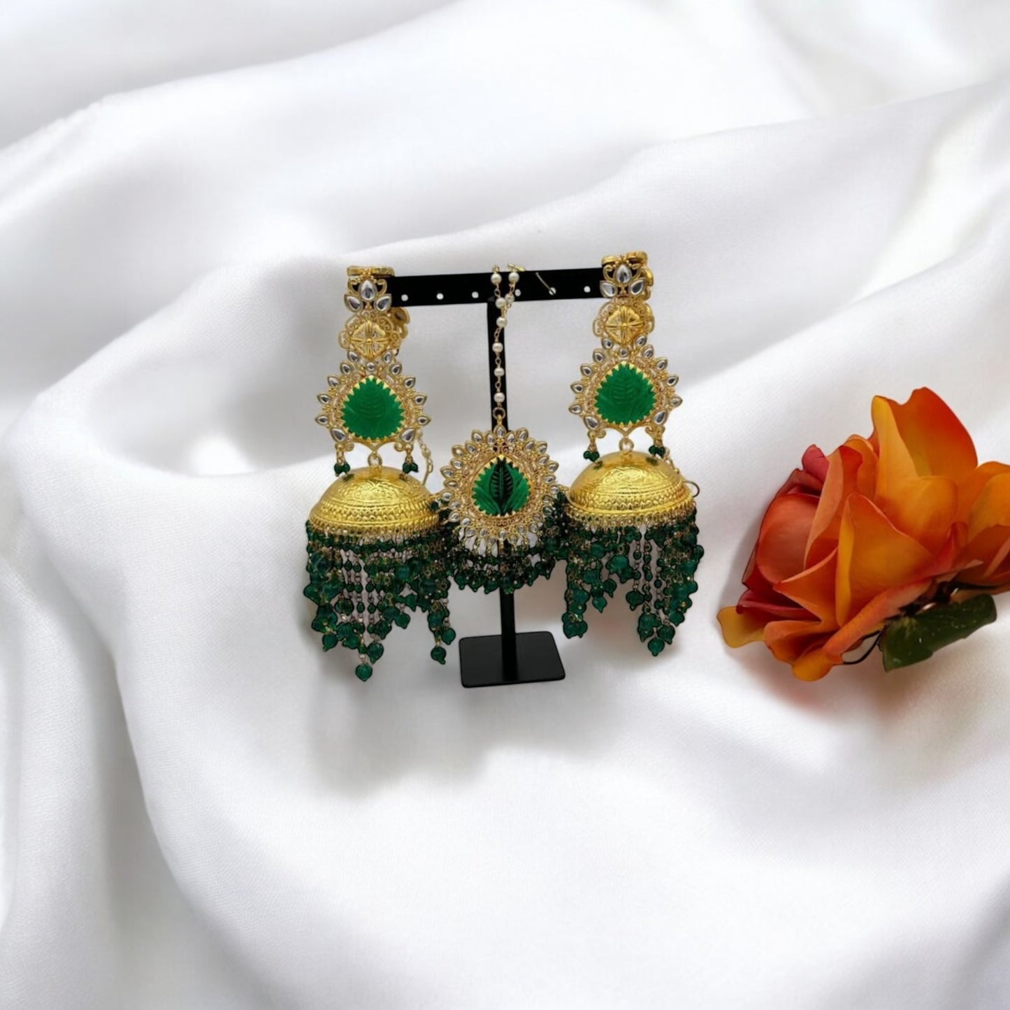 Gold tone stylish jhumkis and maang tikka combo