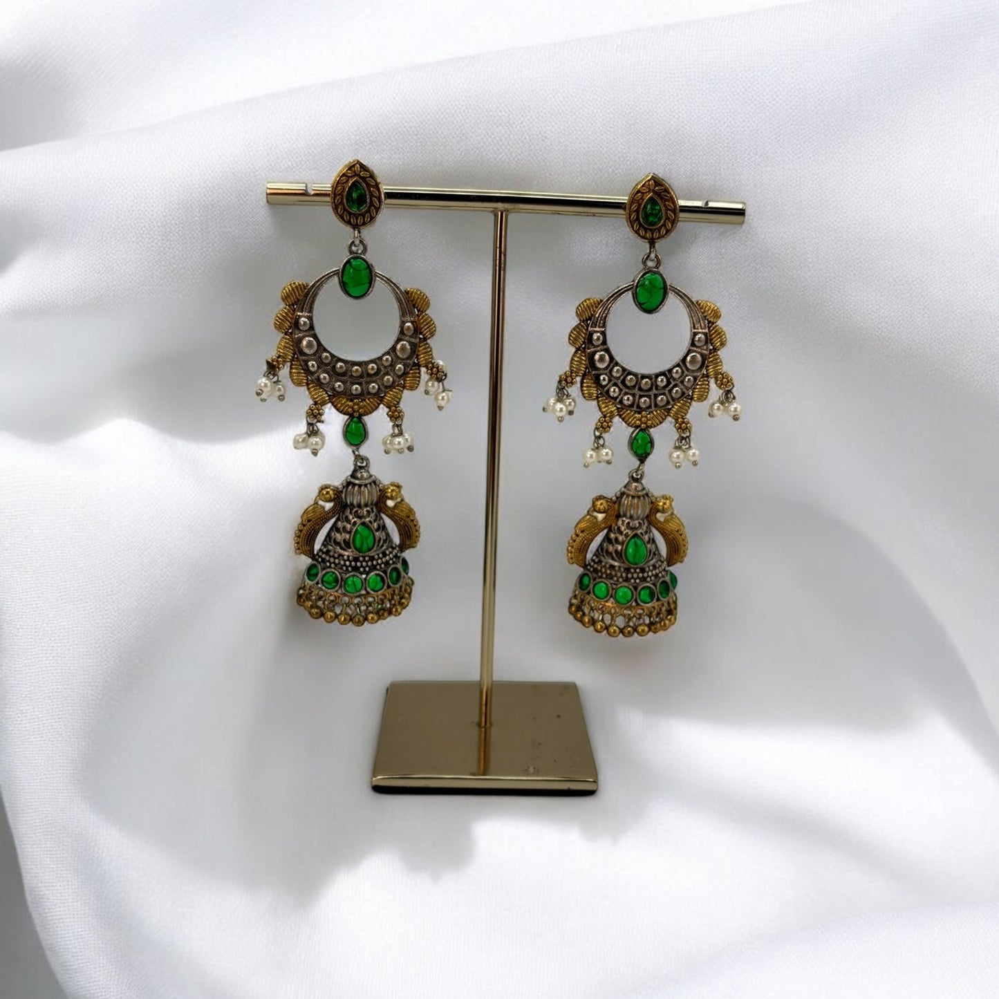 Dual tone oxidized green long earrings