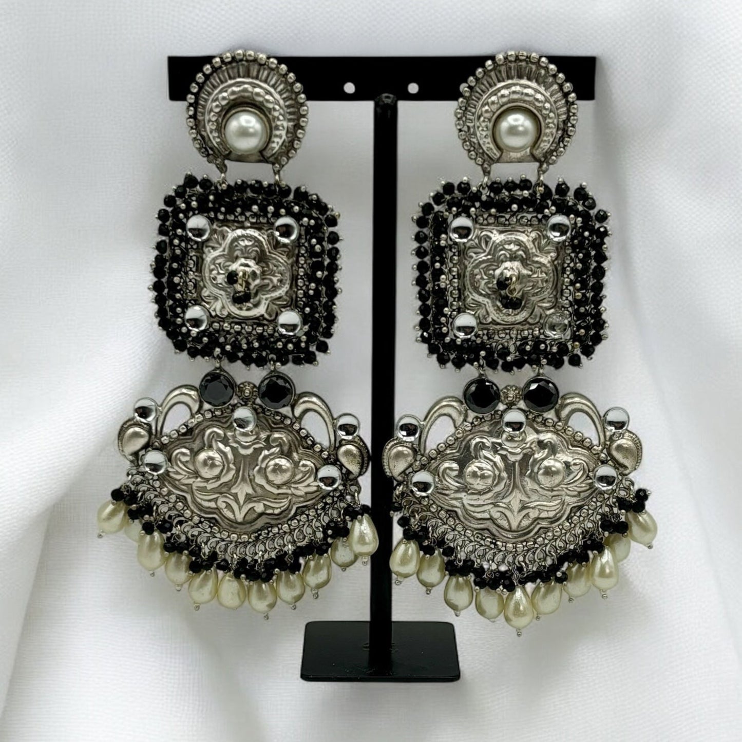 Statement German silver black earrings