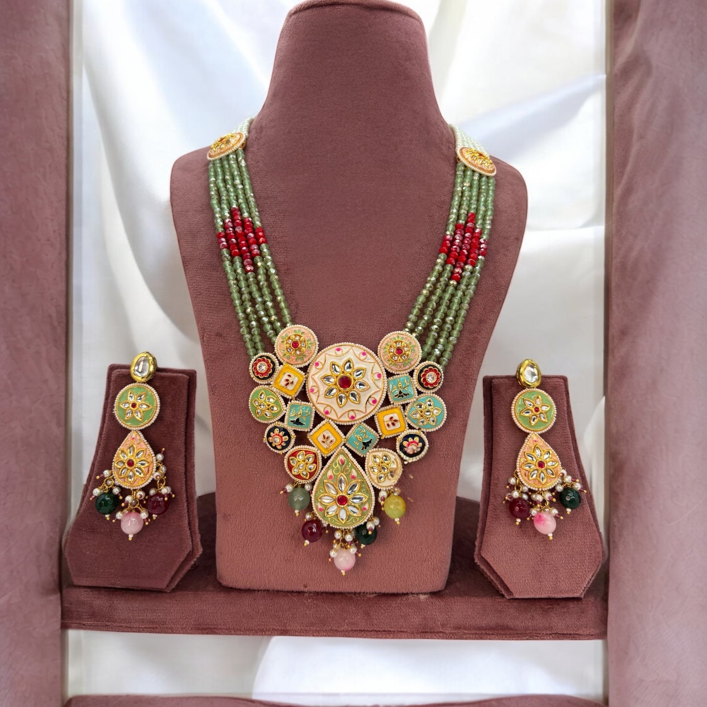 Meenakari long pastel green mala set